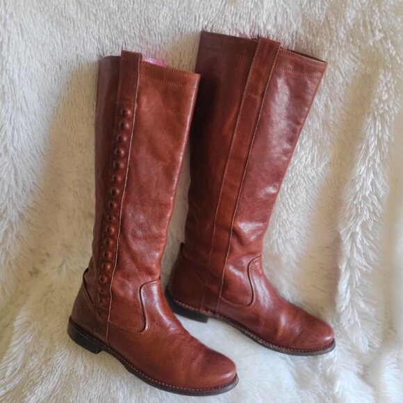 Frye Boots Paige Stud Cognac Leather Riding 7.5B 76121 Tall Pull-on Women - Picture 4 of 12